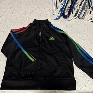 adidas Black Track Jacket with Neon Green Logo and Rainbow Sleeve Stripes